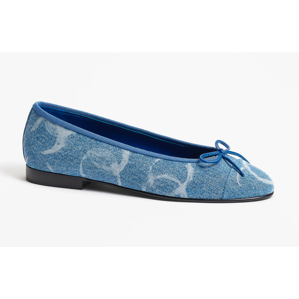 Chanel 23B Printed Denim Blue White CC Logo Bow Tie Ballet Ballerina Flat 39